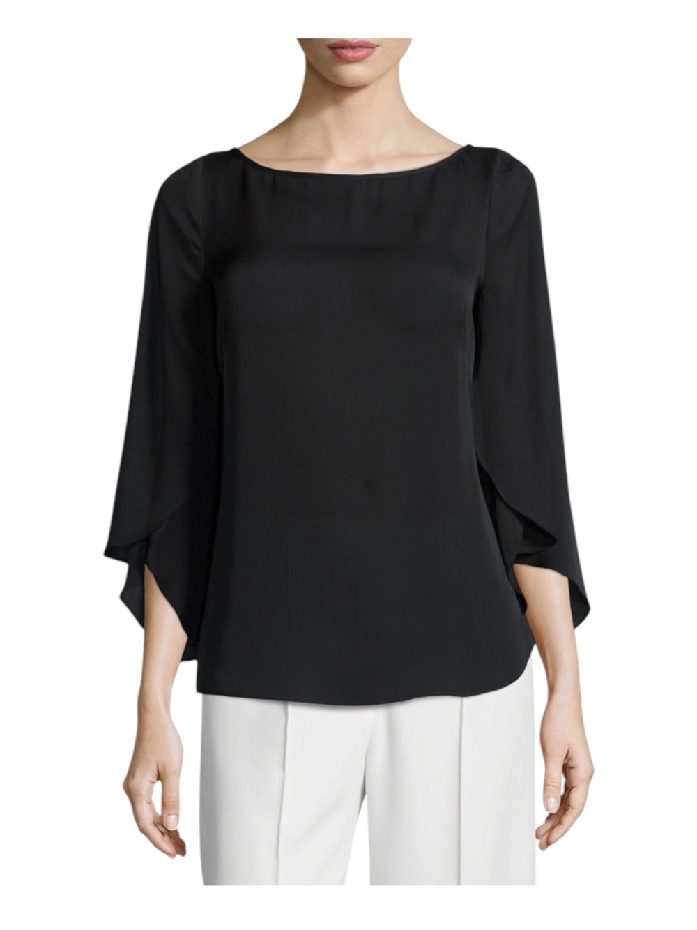 MILLY Silk Crepe Blouse Size 2 Black Butterly Sleeve Boat Neck